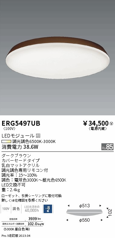 安心のメーカー保証【インボイス対応店】ERG5497UB 遠藤照明 シーリングライト LED リモコン付  Ｎ区分 Ｎ発送の画像