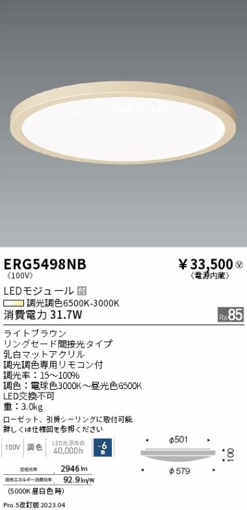 安心のメーカー保証【インボイス対応店】ERG5498NB 遠藤照明 シーリングライト LED リモコン付  Ｎ区分 Ｎ発送の画像