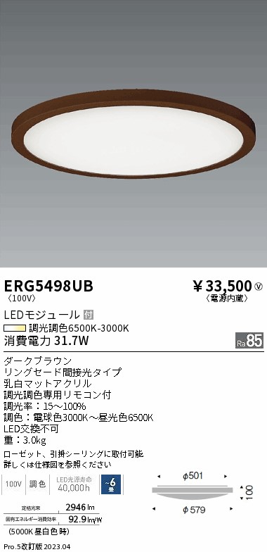 安心のメーカー保証【インボイス対応店】ERG5498UB 遠藤照明 シーリングライト LED リモコン付  Ｎ区分 Ｎ発送の画像
