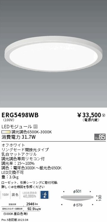 安心のメーカー保証【インボイス対応店】ERG5498WB 遠藤照明 シーリングライト LED リモコン付  Ｎ区分 Ｎ発送の画像