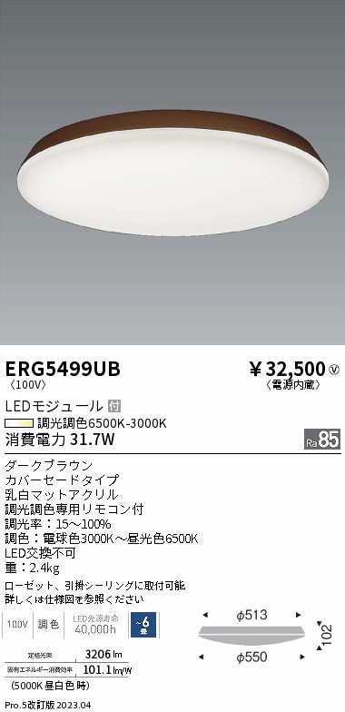 安心のメーカー保証【インボイス対応店】ERG5499UB 遠藤照明 シーリングライト LED リモコン付  Ｎ区分 Ｎ発送の画像