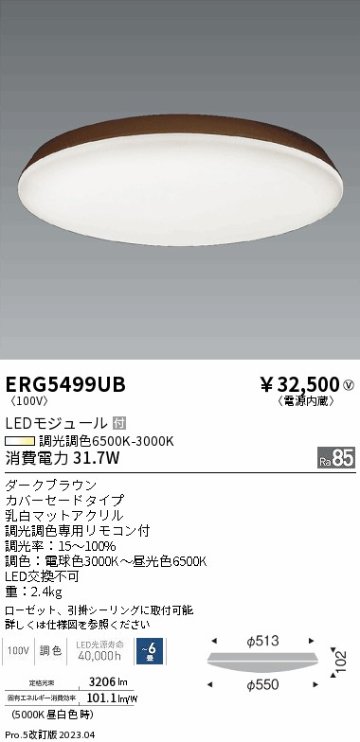 安心のメーカー保証【インボイス対応店】ERG5499UB 遠藤照明 シーリングライト LED リモコン付  Ｎ区分 Ｎ発送の画像