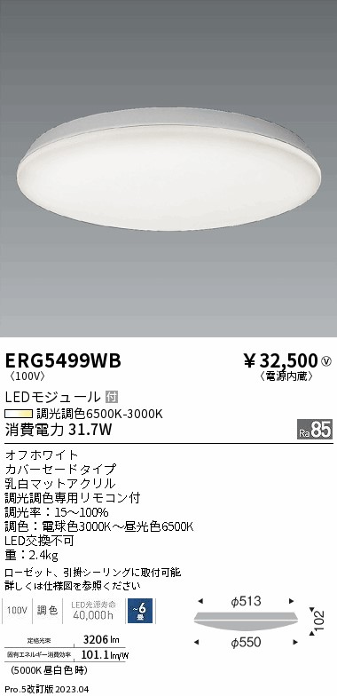 安心のメーカー保証【インボイス対応店】ERG5499WB 遠藤照明 シーリングライト LED リモコン付  Ｎ区分 Ｎ発送の画像