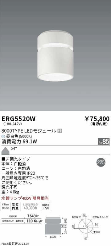 安心のメーカー保証【インボイス対応店】ERG5520W 遠藤照明 シーリングライト LED  Ｎ区分 Ｎ発送の画像