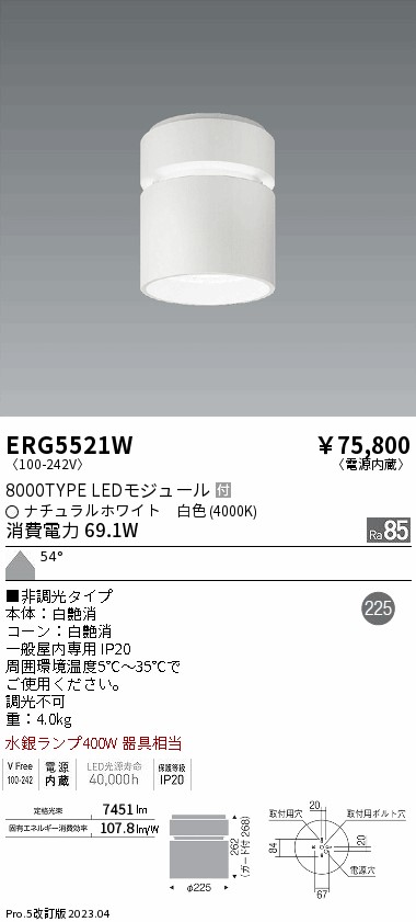 安心のメーカー保証【インボイス対応店】ERG5521W 遠藤照明 シーリングライト LED  Ｎ区分 Ｎ発送の画像