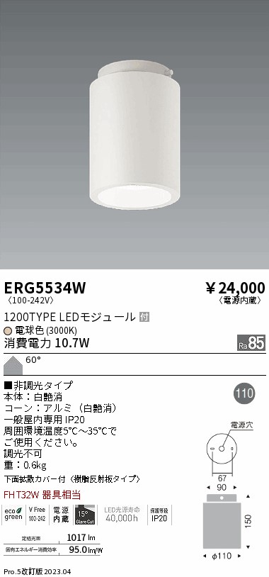 安心のメーカー保証【インボイス対応店】ERG5534W 遠藤照明 シーリングライト LED  Ｎ区分 Ｎ発送の画像