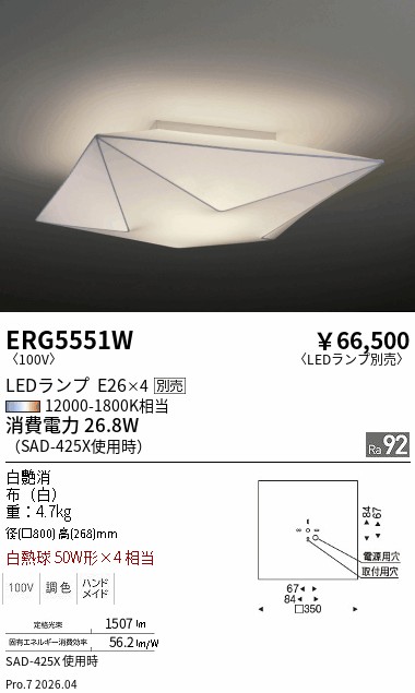 安心のメーカー保証【インボイス対応店】ERG5551W 遠藤照明 ペンダント LED ランプ別売 Ｎ区分 メーカー直送の画像