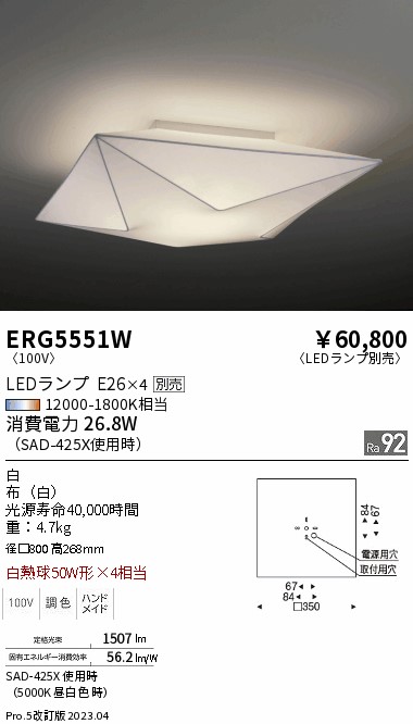 安心のメーカー保証【インボイス対応店】ERG5551W 遠藤照明 ペンダント LED ランプ別売 Ｎ区分 メーカー直送の画像