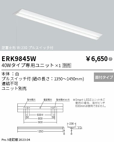 安心のメーカー保証【インボイス対応店】ERK9845W 遠藤照明 ベースライト 一般形 LED ランプ別売 Ｎ区分の画像