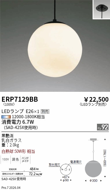 安心のメーカー保証【インボイス対応店】ERP7129BB 遠藤照明 ペンダント LED ランプ別売 Ｎ区分 Ｎ発送の画像