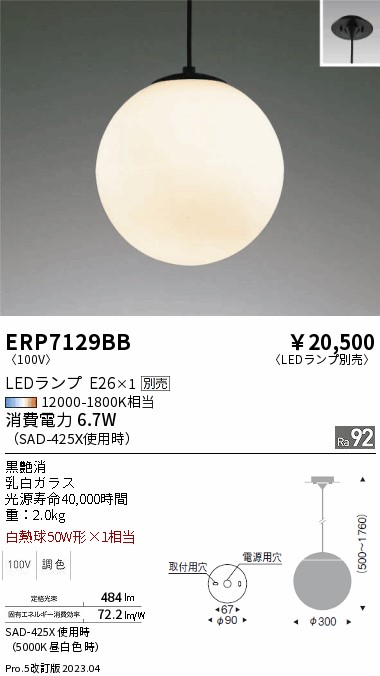 安心のメーカー保証【インボイス対応店】ERP7129BB 遠藤照明 ペンダント LED ランプ別売 Ｎ区分画像