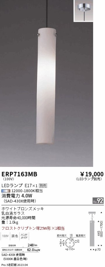 安心のメーカー保証【インボイス対応店】ERP7163MB 遠藤照明 ペンダント LED ランプ別売 Ｎ区分の画像