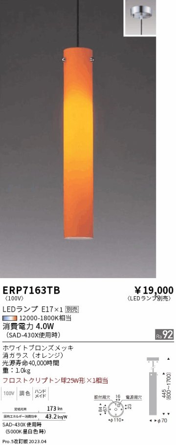 安心のメーカー保証【インボイス対応店】ERP7163TB 遠藤照明 ペンダント LED ランプ別売 Ｎ区分の画像