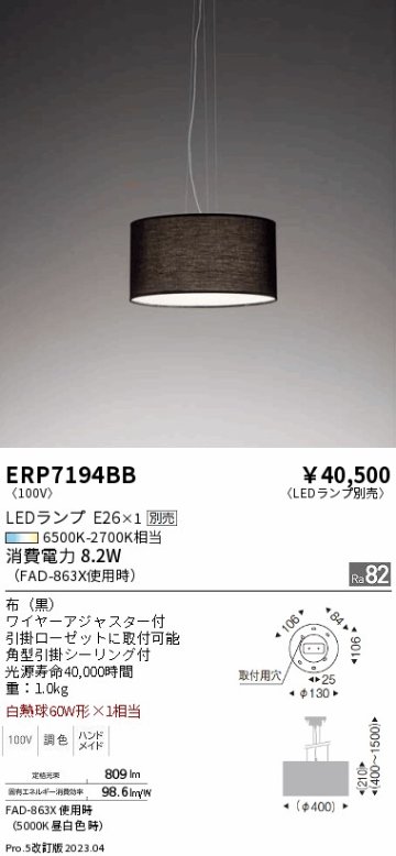 安心のメーカー保証【インボイス対応店】ERP7194BB 遠藤照明 ペンダント LED ランプ別売 Ｎ区分 Ｎ発送の画像