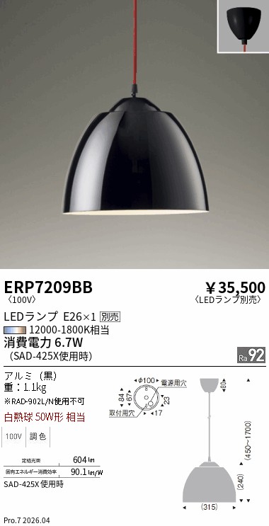 安心のメーカー保証【インボイス対応店】ERP7209BB 遠藤照明 ペンダント LED ランプ別売 Ｎ区分 Ｎ発送の画像