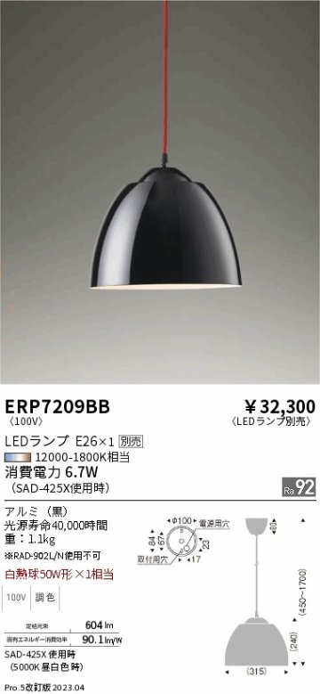 安心のメーカー保証【インボイス対応店】ERP7209BB 遠藤照明 ペンダント LED ランプ別売 Ｎ区分の画像