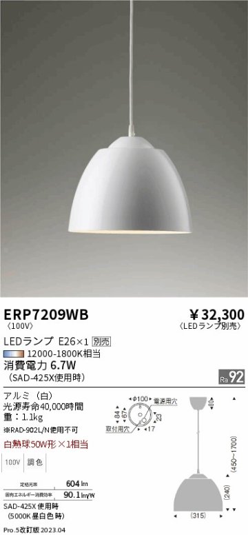 安心のメーカー保証【インボイス対応店】ERP7209WB 遠藤照明 ペンダント LED ランプ別売 Ｎ区分の画像