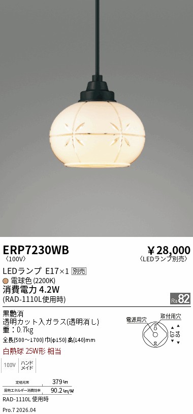 安心のメーカー保証【インボイス対応店】ERP7230WB 遠藤照明 ペンダント LED ランプ別売 Ｎ区分 Ｎ発送の画像