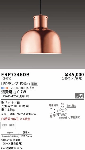 安心のメーカー保証【インボイス対応店】ERP7346DB 遠藤照明 ペンダント LED ランプ別売 Ｎ区分の画像