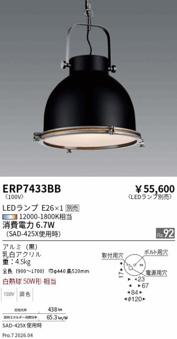 安心のメーカー保証【インボイス対応店】ERP7433BB 遠藤照明 ペンダント LED ランプ別売 Ｎ区分 Ｎ発送の画像