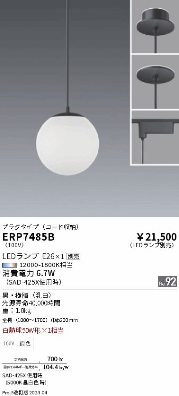 安心のメーカー保証【インボイス対応店】ERP7485B 遠藤照明 ペンダント 配線ダクト用 LED ランプ別売 Ｎ区分 Ｎ発送の画像