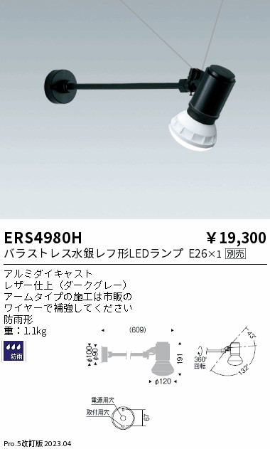 安心のメーカー保証【インボイス対応店】ERS4980H 遠藤照明 屋外灯 スポットライト LED ランプ別売 Ｎ区分の画像