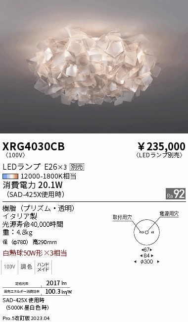 安心のメーカー保証【インボイス対応店】XRG4030CB 遠藤照明 シーリングライト LED ランプ別売 Ｋ区分 Ｋ発送の画像