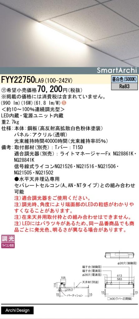 安心のメーカー保証【インボイス対応店】FYY22750LA9 パナソニック ベースライト 天井埋込型 LED  受注生産品  Ｈ区分の画像