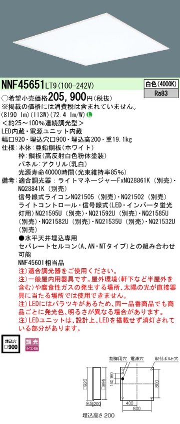 安心のメーカー保証【インボイス対応店】NNF45651LT9 パナソニック ベースライト 天井埋込型 LED  Ｎ区分の画像