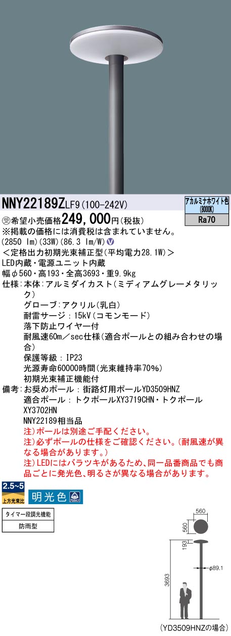 安心のメーカー保証【インボイス対応店】NNY22189ZLF9 パナソニック 屋外灯 ポールライト 灯具のみ ポール別売 LED  受注生産品  Ｎ区分の画像