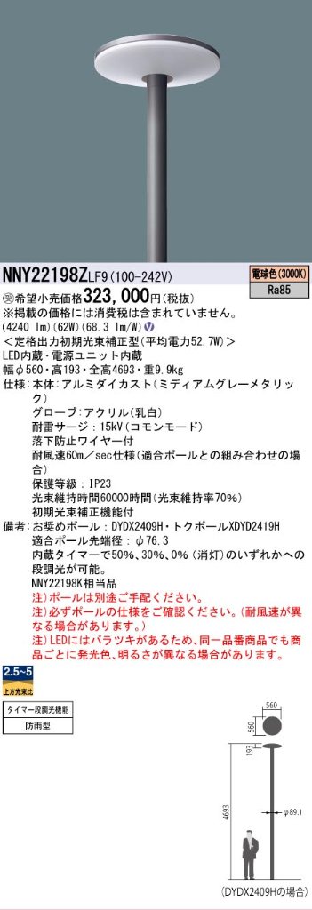 安心のメーカー保証【インボイス対応店】NNY22198ZLF9 パナソニック 屋外灯 ポールライト 灯具のみ ポール別売 LED  受注生産品  Ｎ区分の画像