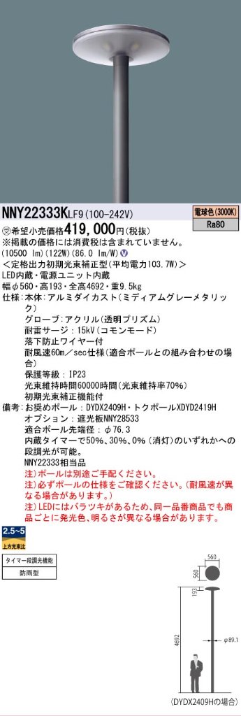 安心のメーカー保証【インボイス対応店】NNY22333KLF9 パナソニック 屋外灯 ポールライト 灯具のみ ポール別売 LED  受注生産品  Ｎ区分の画像