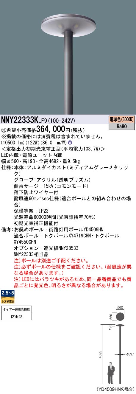 安心のメーカー保証【インボイス対応店】NNY22333KLF9 パナソニック 屋外灯 ポールライト 灯具のみ ポール別売 LED  受注生産品  Ｎ区分の画像