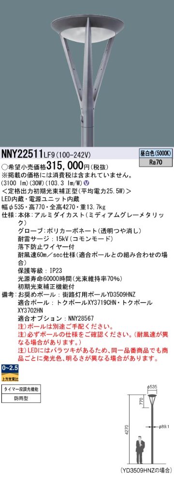 安心のメーカー保証【インボイス対応店】NNY22511LF9 パナソニック 屋外灯 ポールライト 灯具のみ ポール別売 LED  Ｎ区分の画像