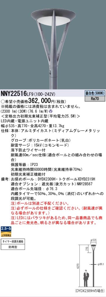 安心のメーカー保証【インボイス対応店】NNY22516LF9 パナソニック 屋外灯 ポールライト 灯具のみ ポール別売 LED  Ｎ区分の画像