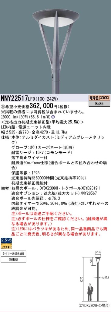 安心のメーカー保証【インボイス対応店】NNY22517LF9 パナソニック 屋外灯 ポールライト 灯具のみ ポール別売 LED  受注生産品  Ｎ区分の画像