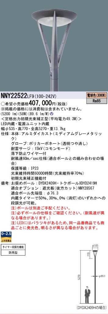 安心のメーカー保証【インボイス対応店】NNY22522LF9 パナソニック 屋外灯 ポールライト 灯具のみ ポール別売 LED  Ｎ区分の画像