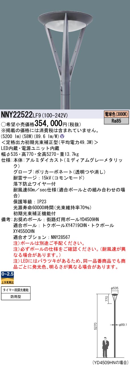 安心のメーカー保証【インボイス対応店】NNY22522LF9 パナソニック 屋外灯 ポールライト 灯具のみ ポール別売 LED  受注生産品  Ｎ区分の画像