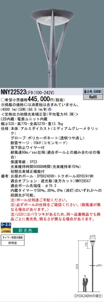 安心のメーカー保証【インボイス対応店】NNY22523LF9 パナソニック 屋外灯 ポールライト 灯具のみ ポール別売 LED  Ｎ区分の画像