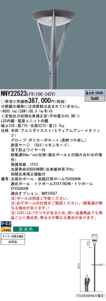 安心のメーカー保証【インボイス対応店】NNY22523LF9 パナソニック 屋外灯 ポールライト 灯具のみ ポール別売 LED  Ｎ区分の画像