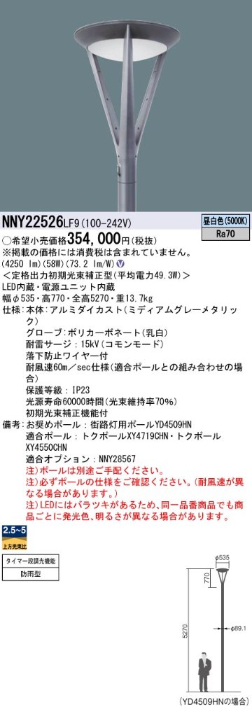 安心のメーカー保証【インボイス対応店】NNY22526LF9 パナソニック 屋外灯 ポールライト 灯具のみ ポール別売 LED  Ｎ区分の画像