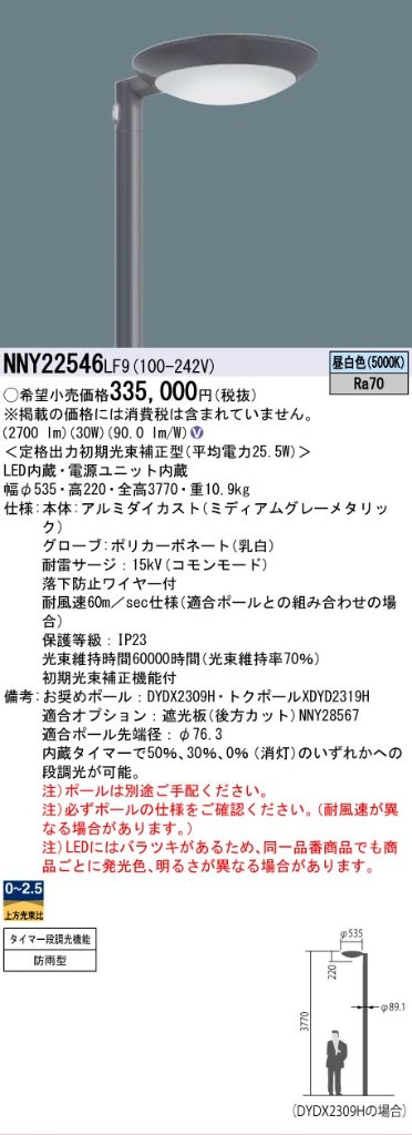 安心のメーカー保証【インボイス対応店】NNY22546LF9 パナソニック 屋外灯 ポールライト 灯具のみ ポール別売 LED  Ｎ区分の画像