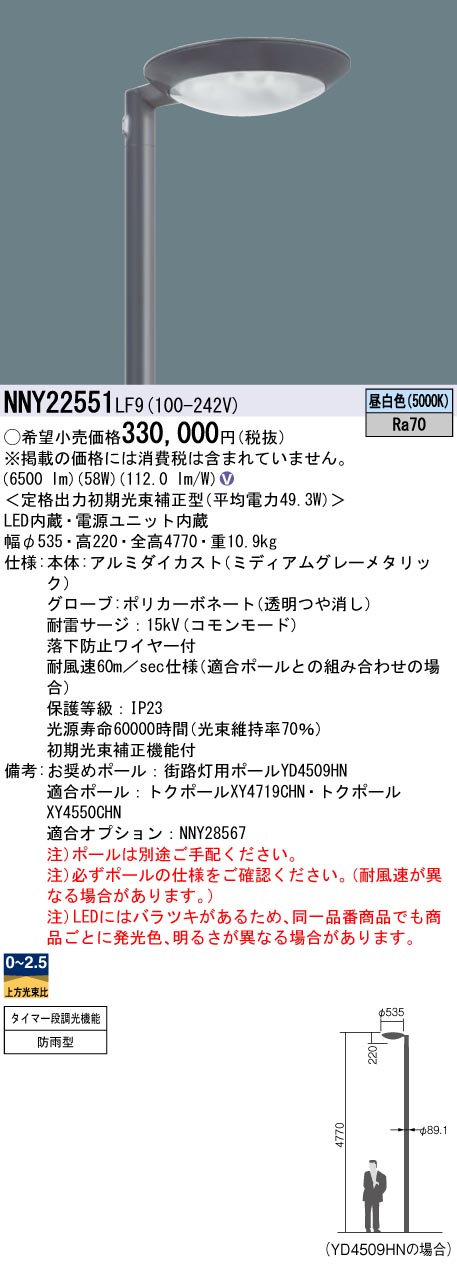 安心のメーカー保証【インボイス対応店】NNY22551LF9 パナソニック 屋外灯 ポールライト 灯具のみ ポール別売 LED  Ｎ区分の画像