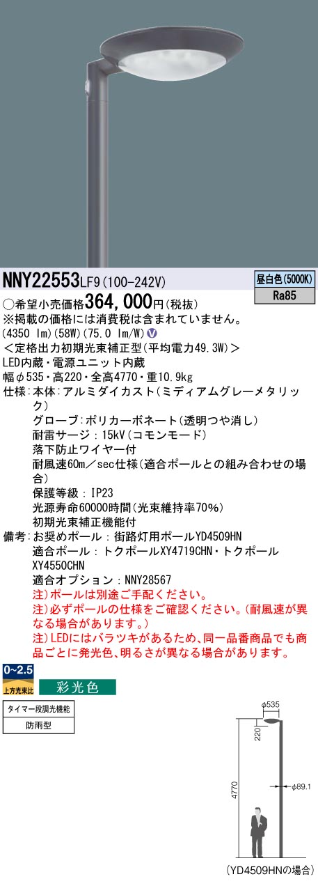 安心のメーカー保証【インボイス対応店】NNY22553LF9 パナソニック 屋外灯 ポールライト 灯具のみ ポール別売 LED  Ｎ区分の画像