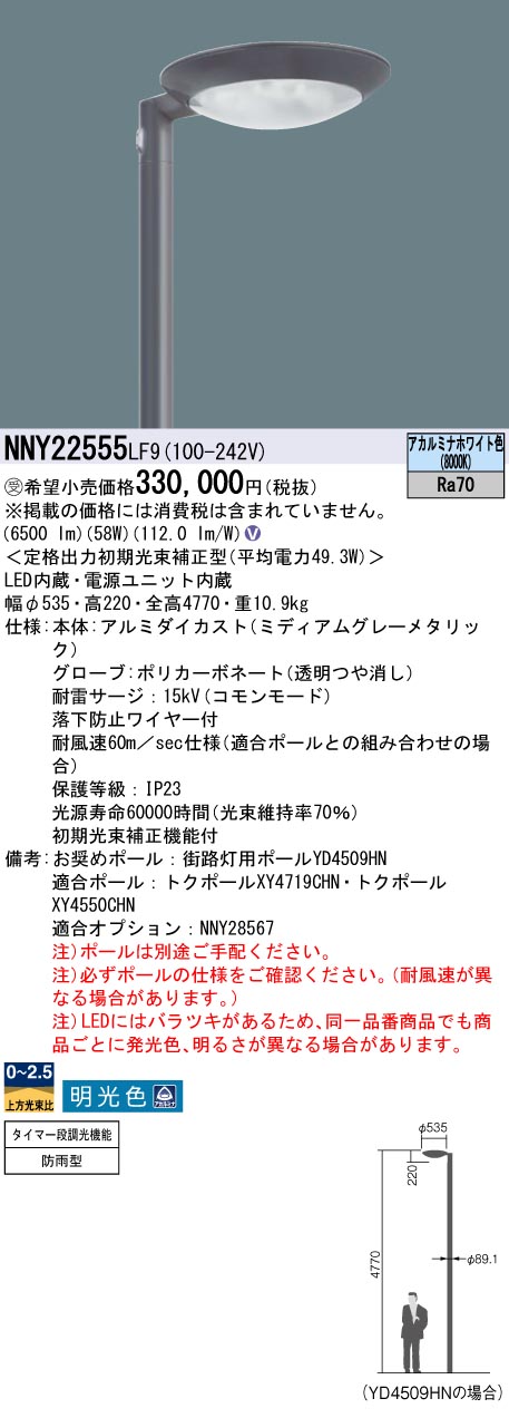 安心のメーカー保証【インボイス対応店】NNY22555LF9 パナソニック 屋外灯 ポールライト 灯具のみ ポール別売 LED  受注生産品  Ｎ区分の画像