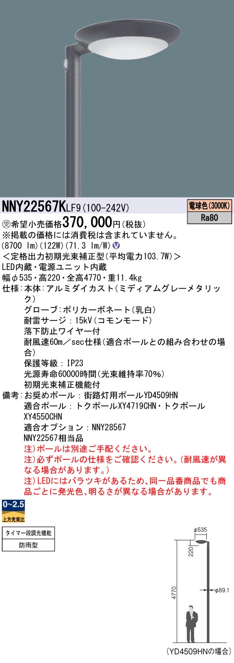 安心のメーカー保証【インボイス対応店】NNY22567KLF9 パナソニック 屋外灯 ポールライト 灯具のみ ポール別売 LED  受注生産品  Ｎ区分の画像