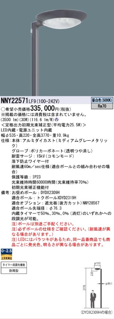 安心のメーカー保証【インボイス対応店】NNY22571LF9 パナソニック 屋外灯 ポールライト 灯具のみ ポール別売 LED  Ｎ区分の画像