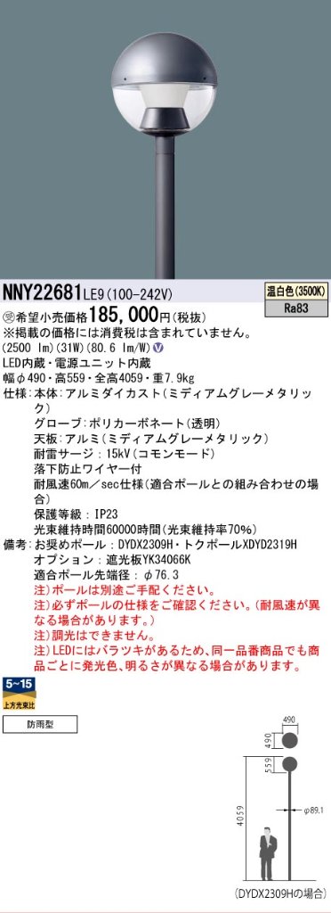 安心のメーカー保証【インボイス対応店】NNY22681LE9 パナソニック 屋外灯 ポールライト 灯具のみ ポール別売 LED  受注生産品  Ｎ区分の画像
