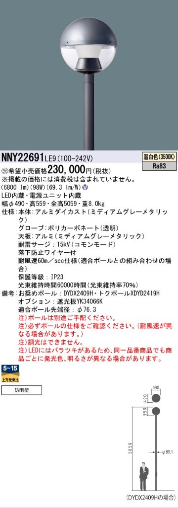 安心のメーカー保証【インボイス対応店】NNY22691LE9 パナソニック 屋外灯 ポールライト 灯具のみ ポール別売 LED  受注生産品  Ｎ区分の画像