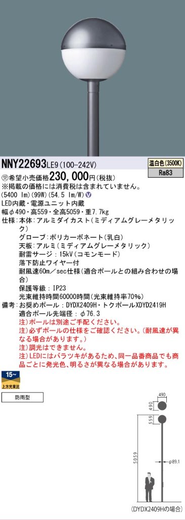 安心のメーカー保証【インボイス対応店】NNY22693LE9 パナソニック 屋外灯 ポールライト 灯具のみ ポール別売 LED  受注生産品  Ｎ区分の画像